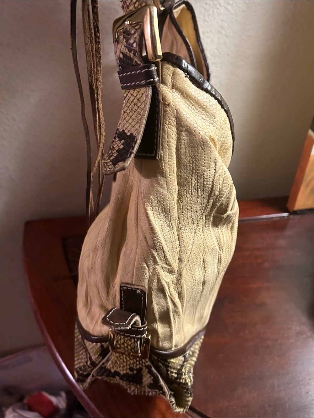 Soft Cream and Brown Shoulder Bag with Tassel Accent - Picture 4 of 9